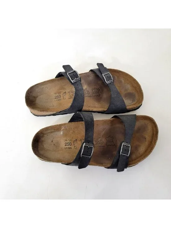 Birkis Birkenstock Women's Black Double-Strap Sandals With Contoured Cork Footbe - Picture 4 of 8